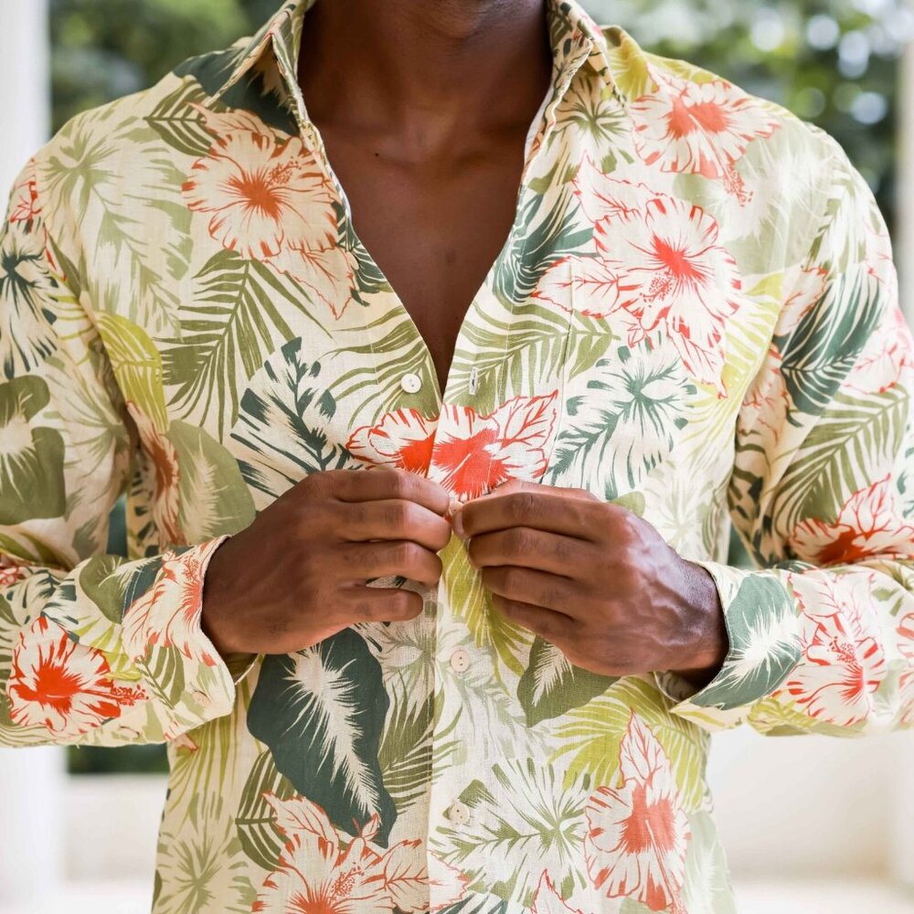 NEW Kenny Flowers Mens XXL 100% Linen Hawaiian Shirt Long Sleeve Limited Edition